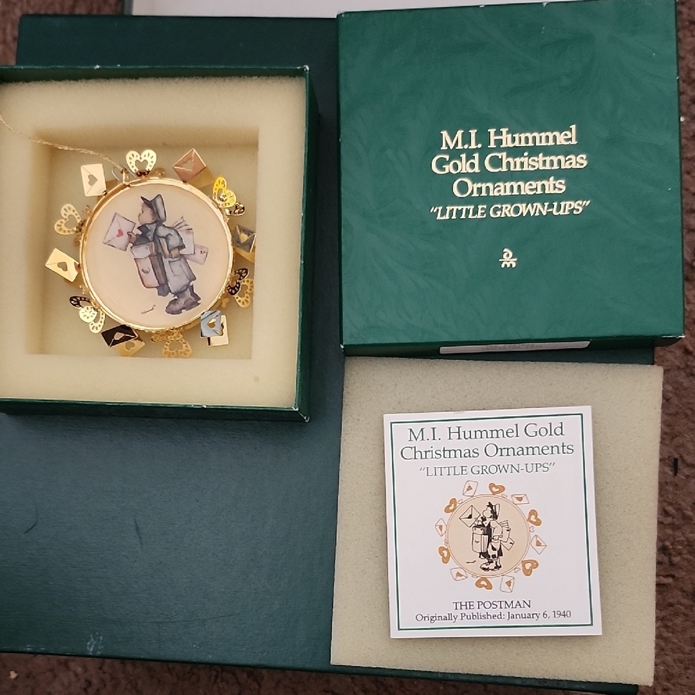 M.I. Hummel Little Grown-Ups Gold Christmas Ornament The Postman w/Box & Insert